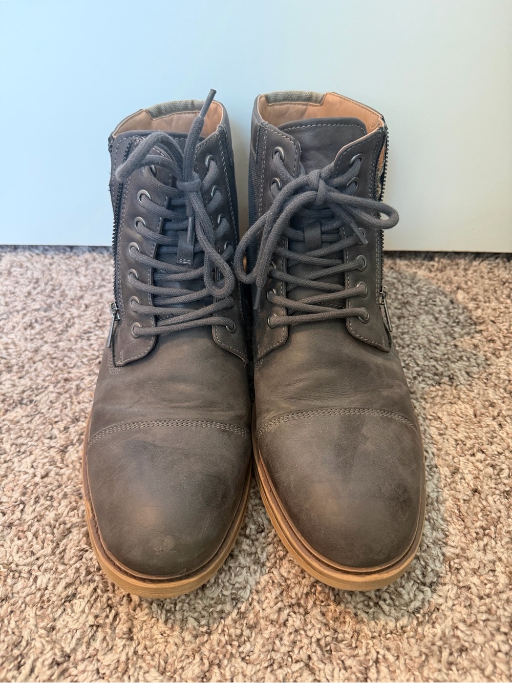 Sonoma Men's Gray Brown Lace-Up Boots with Side Zipper and Tan Sole